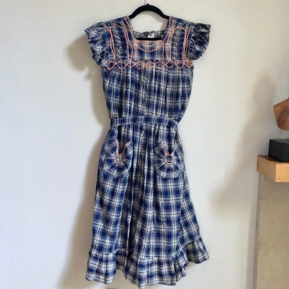 Vintage Guatemalan Handmade Navy Blue Ruffle Plaid Embroidered Cottagecore Dress - Picture 1 of 5